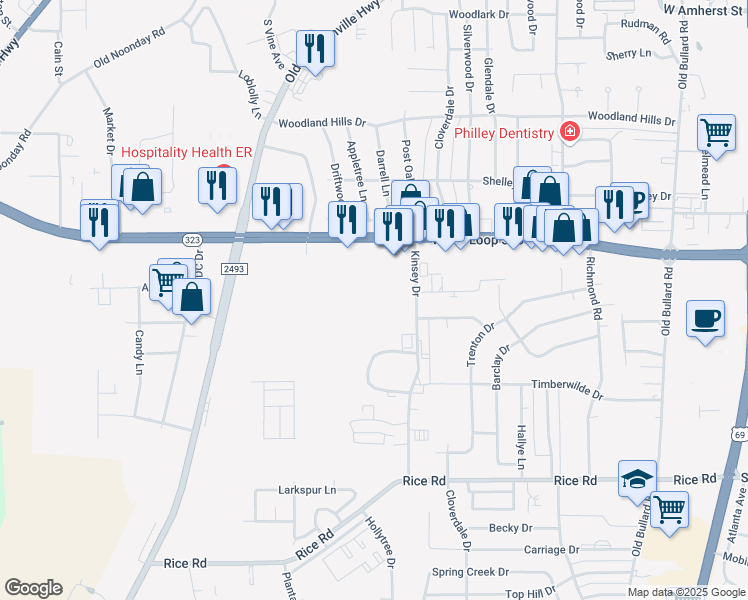 map of restaurants, bars, coffee shops, grocery stores, and more near 4411 Kinsey Drive in Tyler