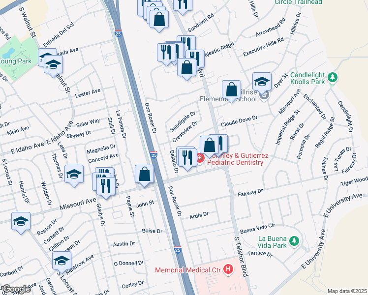 map of restaurants, bars, coffee shops, grocery stores, and more near 1601 Ridgemont Drive in Las Cruces