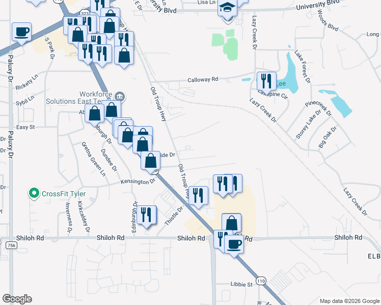 map of restaurants, bars, coffee shops, grocery stores, and more near 2906 Speciality Drive in Tyler