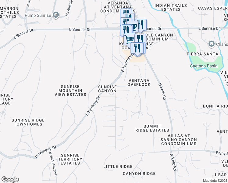 map of restaurants, bars, coffee shops, grocery stores, and more near 6798 East Vía Rosmarino in Tucson