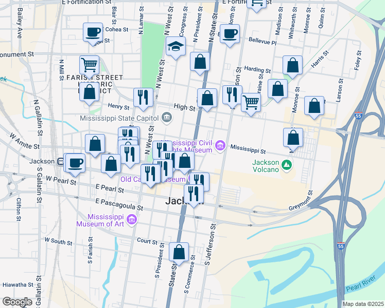 map of restaurants, bars, coffee shops, grocery stores, and more near 305 North State Street in Jackson