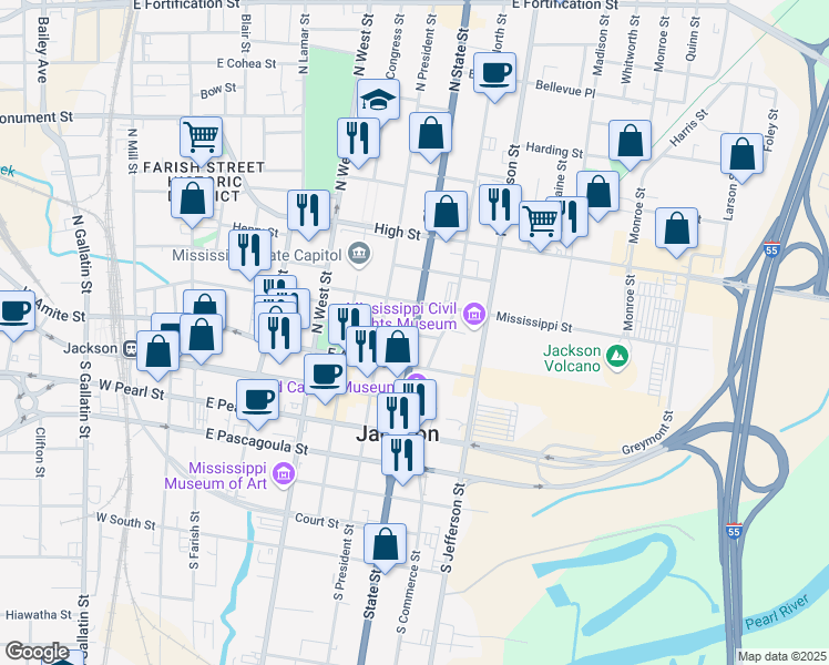map of restaurants, bars, coffee shops, grocery stores, and more near 305 North State Street in Jackson