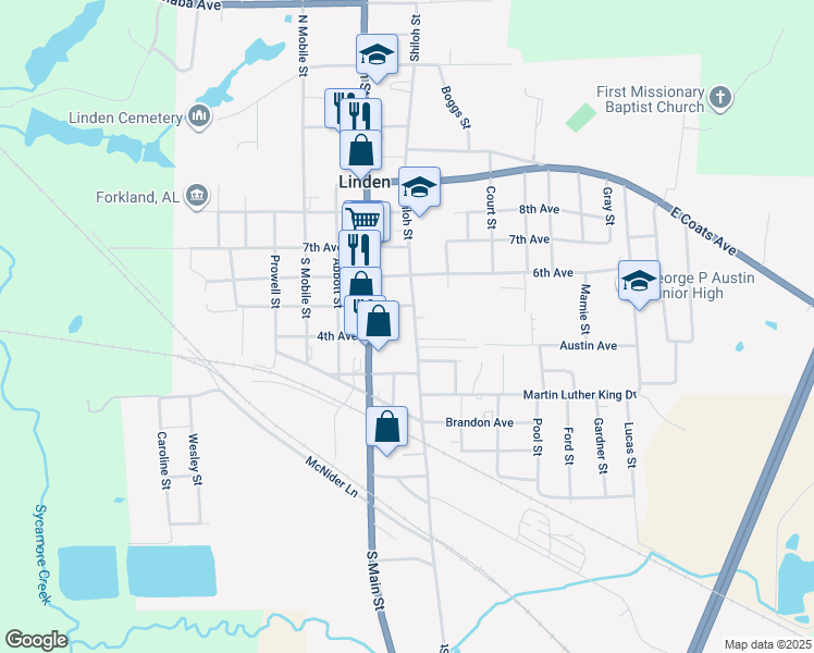 map of restaurants, bars, coffee shops, grocery stores, and more near 502 Shiloh Street in Linden