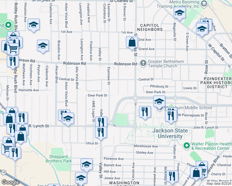 map of restaurants, bars, coffee shops, grocery stores, and more near 900 Eastview Street in Jackson
