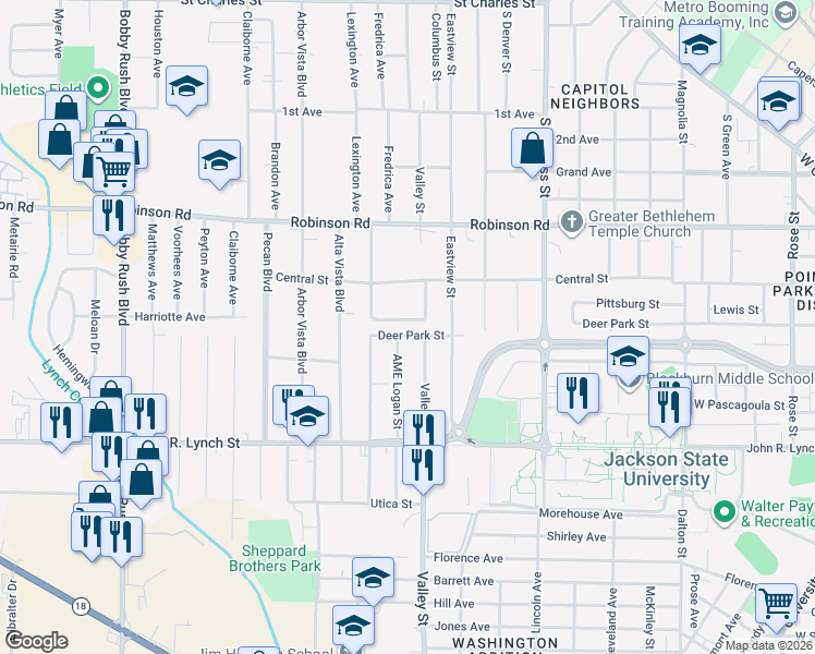 map of restaurants, bars, coffee shops, grocery stores, and more near 1819 Deer Park Street in Jackson