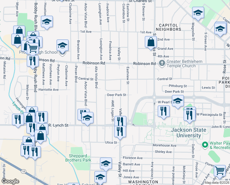 map of restaurants, bars, coffee shops, grocery stores, and more near 1819 Deer Park Street in Jackson
