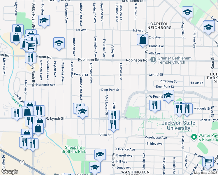 map of restaurants, bars, coffee shops, grocery stores, and more near 1819 Deer Park Street in Jackson