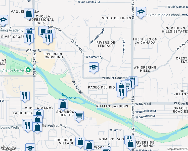 map of restaurants, bars, coffee shops, grocery stores, and more near 1750 West Roller Coaster Road in Tucson
