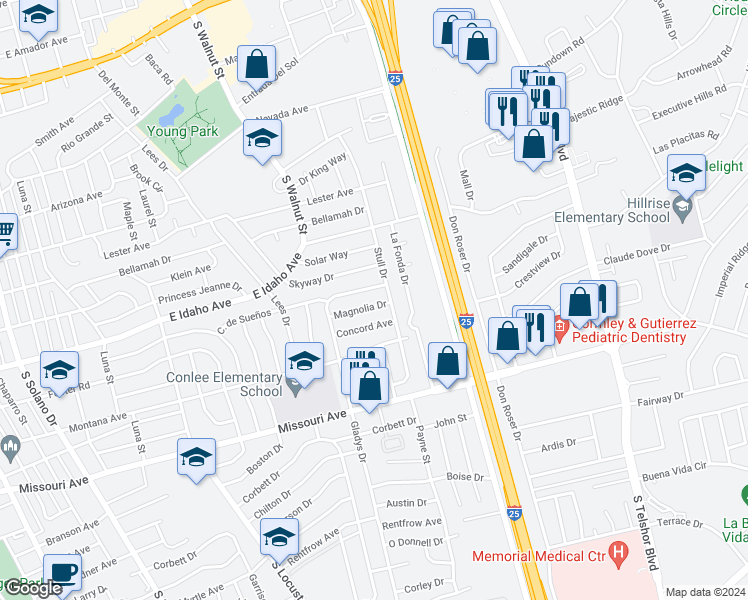 map of restaurants, bars, coffee shops, grocery stores, and more near 2313 Magnolia Drive in Las Cruces