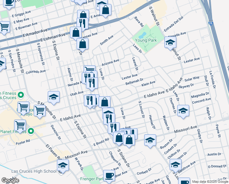 map of restaurants, bars, coffee shops, grocery stores, and more near 1206 Luna Street in Las Cruces