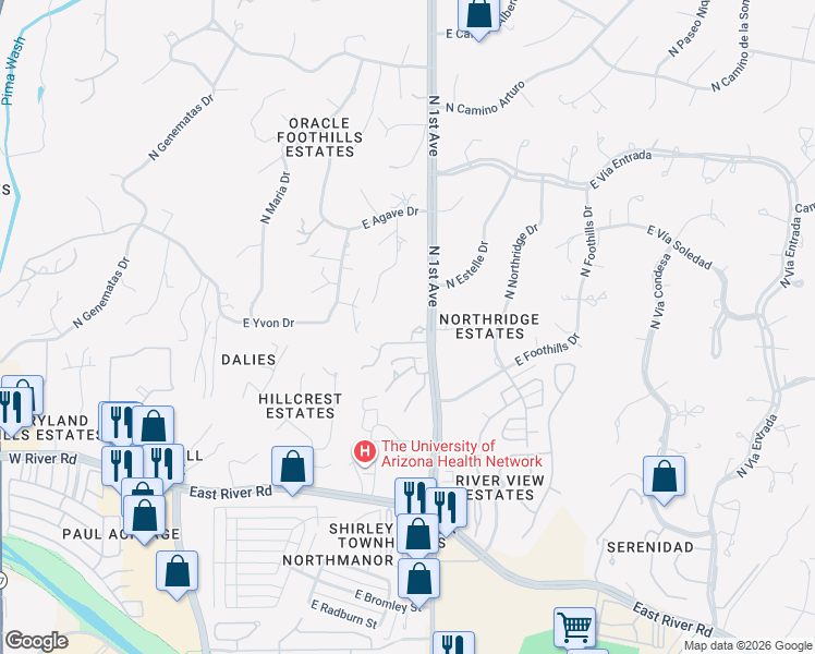 map of restaurants, bars, coffee shops, grocery stores, and more near 627 East Camino Alteza in Tucson