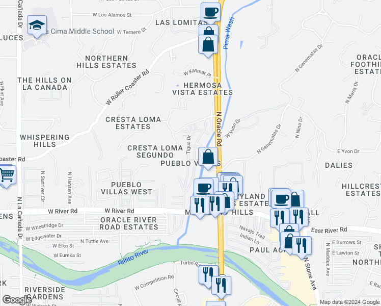 map of restaurants, bars, coffee shops, grocery stores, and more near 5212 North Tigua Drive in Tucson