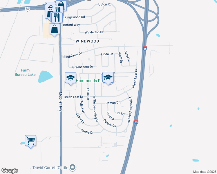 map of restaurants, bars, coffee shops, grocery stores, and more near 5225 Patricia Lane in Montgomery