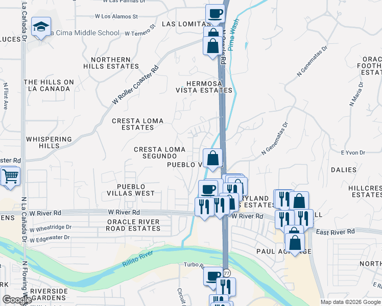 map of restaurants, bars, coffee shops, grocery stores, and more near 5172 North Pueblo Villas Drive in Tucson