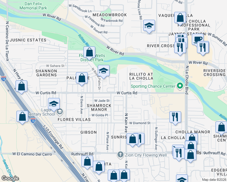 map of restaurants, bars, coffee shops, grocery stores, and more near 5151 North Kain Avenue in Tucson