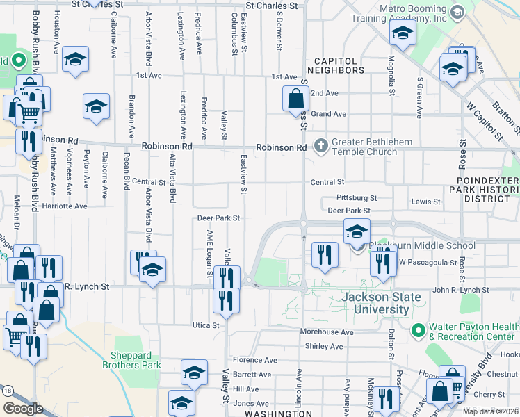 map of restaurants, bars, coffee shops, grocery stores, and more near 900 Eastview Street in Jackson