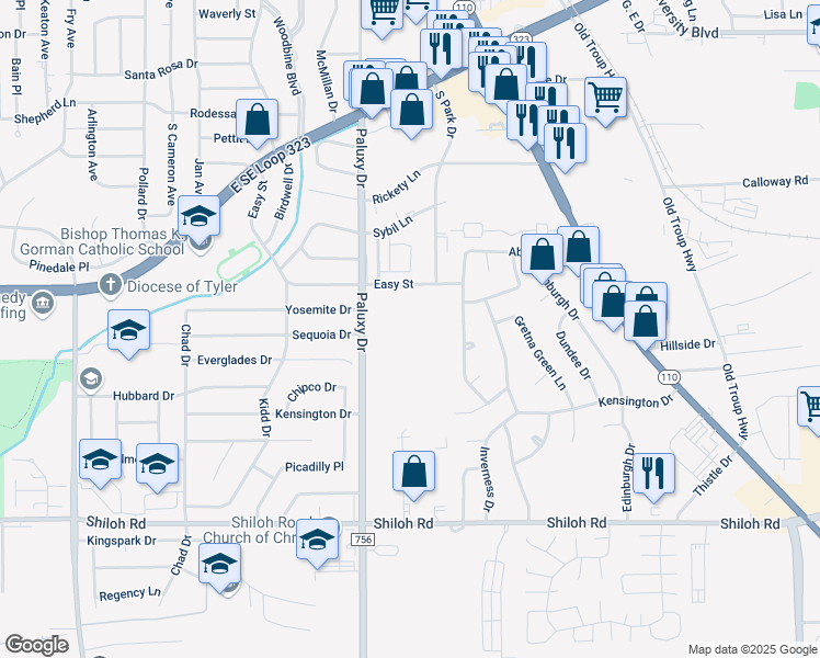 map of restaurants, bars, coffee shops, grocery stores, and more near 4400 Paluxy Drive in Tyler