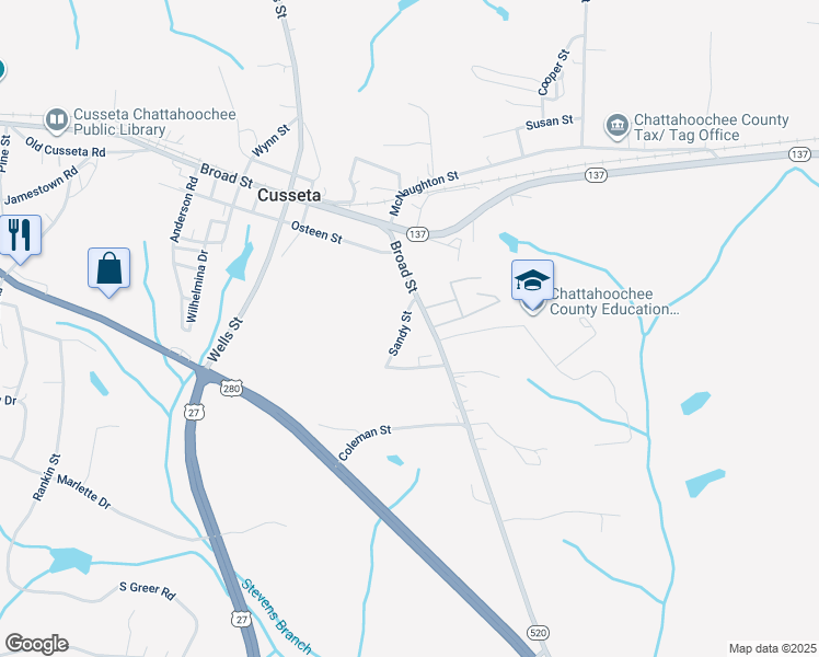 map of restaurants, bars, coffee shops, grocery stores, and more near 113 Sandy Street in Cusseta