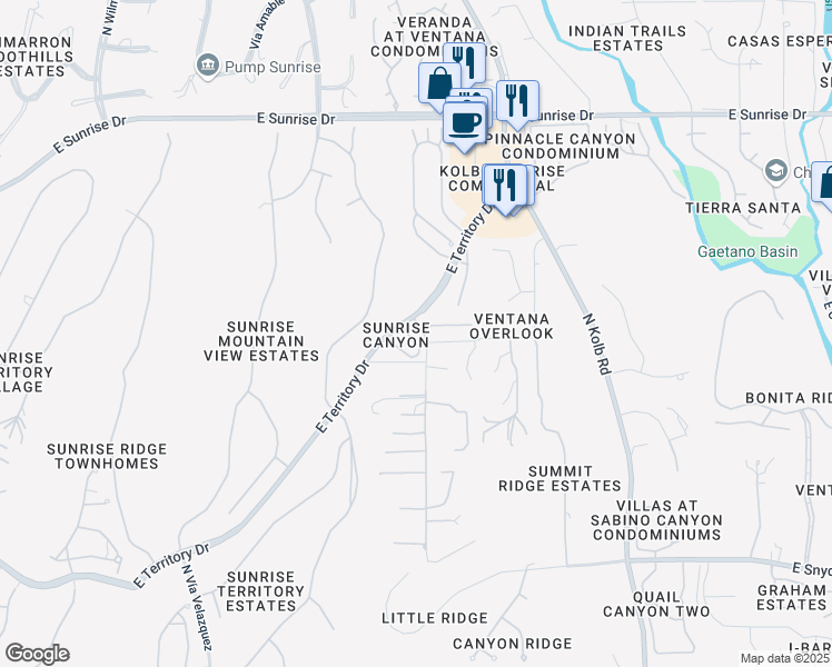 map of restaurants, bars, coffee shops, grocery stores, and more near 6750 East Vía Rosmarino in Tucson