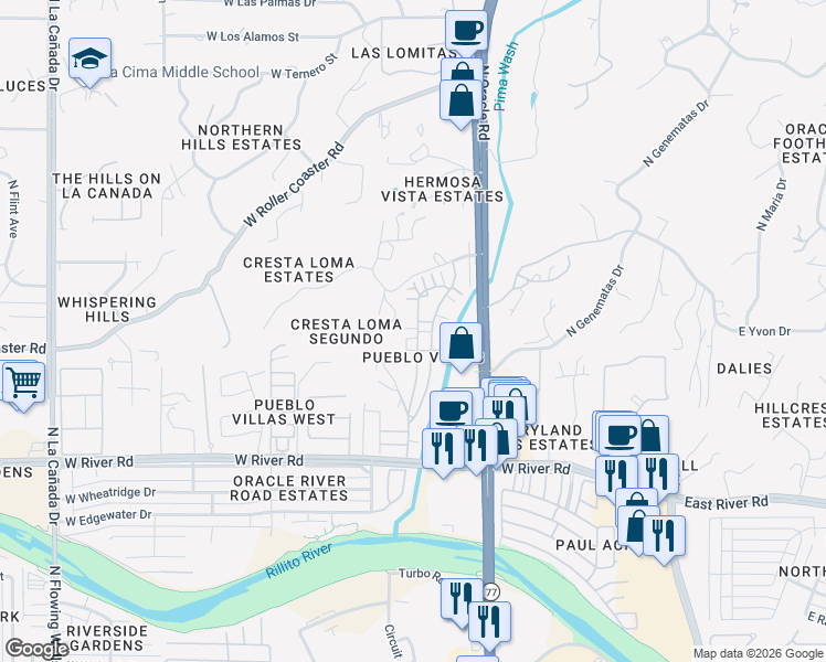 map of restaurants, bars, coffee shops, grocery stores, and more near 5172 North Pueblo Villas Drive in Tucson