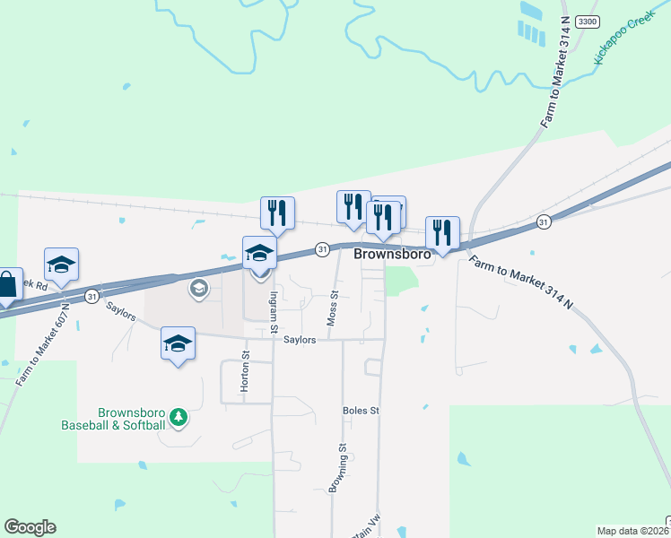 map of restaurants, bars, coffee shops, grocery stores, and more near 11244 Moss Street in Brownsboro
