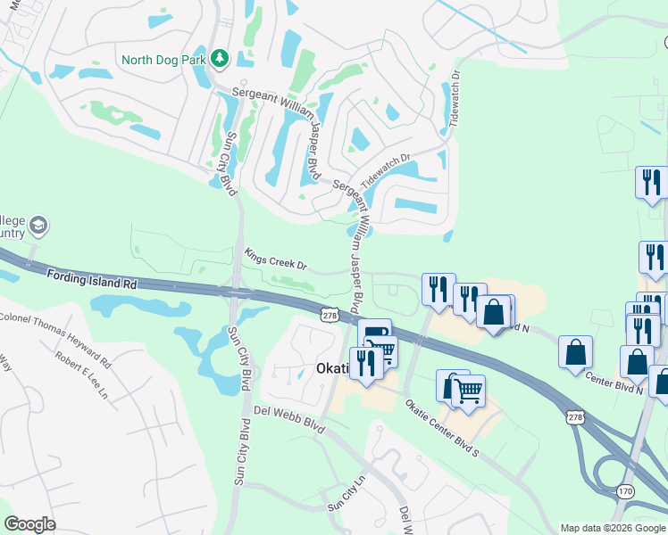map of restaurants, bars, coffee shops, grocery stores, and more near 38 Kings Creek Drive in Bluffton