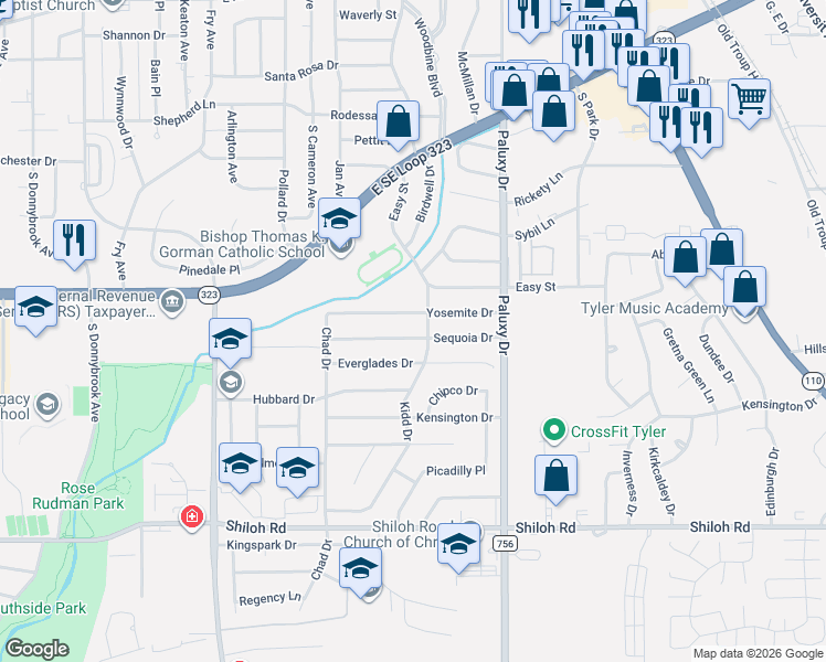 map of restaurants, bars, coffee shops, grocery stores, and more near 1600 Yosemite Drive in Tyler