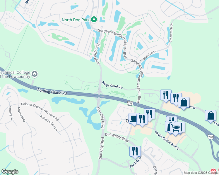 map of restaurants, bars, coffee shops, grocery stores, and more near 92 Kings Creek Drive in Bluffton