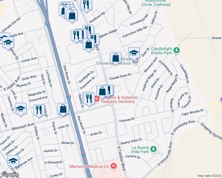 map of restaurants, bars, coffee shops, grocery stores, and more near 1605 C South Telshor Boulevard in Las Cruces