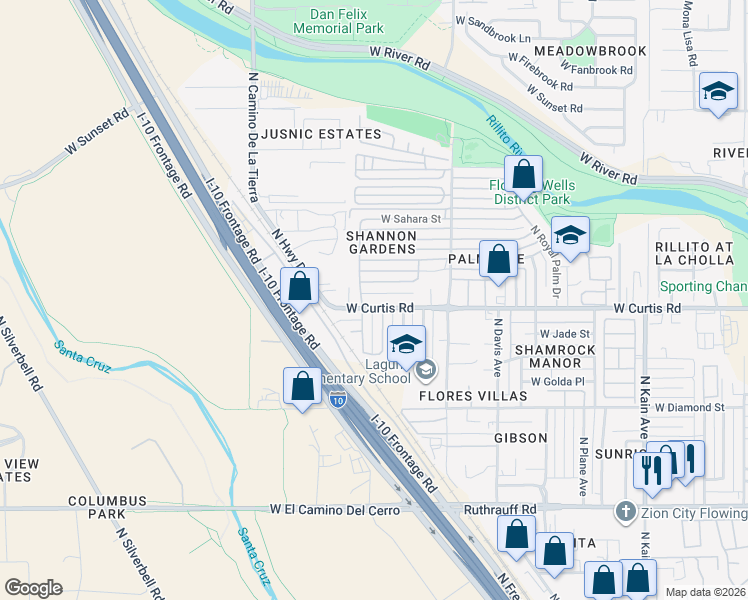 map of restaurants, bars, coffee shops, grocery stores, and more near 3010 West Palm Vista Street in Tucson