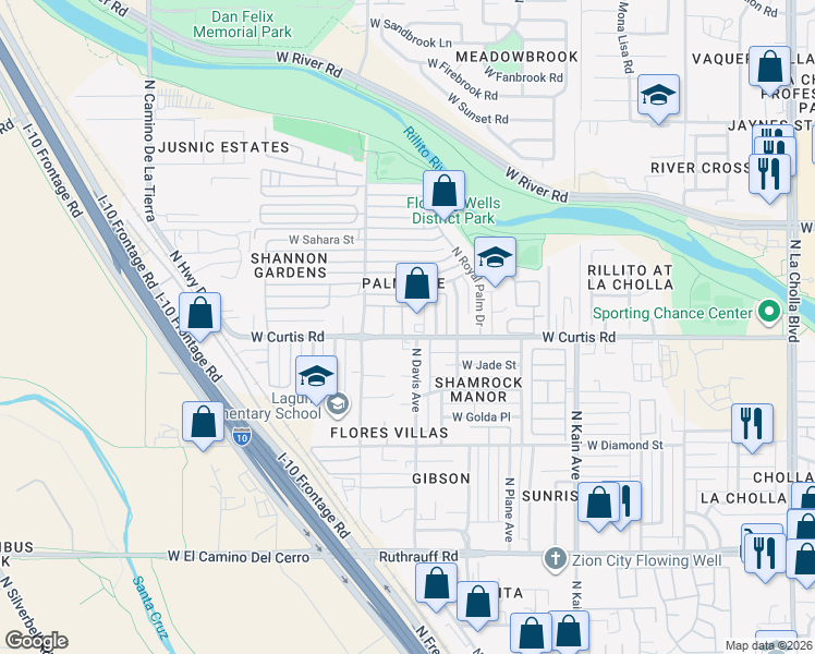 map of restaurants, bars, coffee shops, grocery stores, and more near 2821 West Palm Vista Street in Tucson