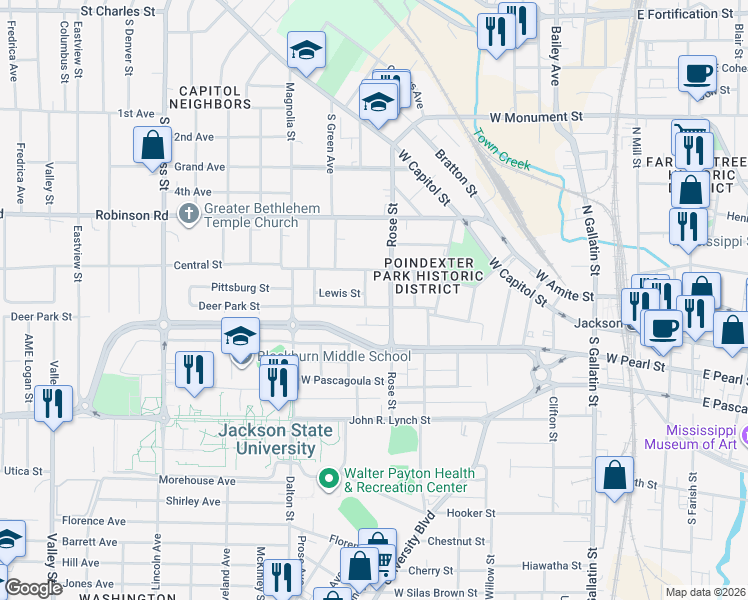 map of restaurants, bars, coffee shops, grocery stores, and more near 520 Line Street in Jackson