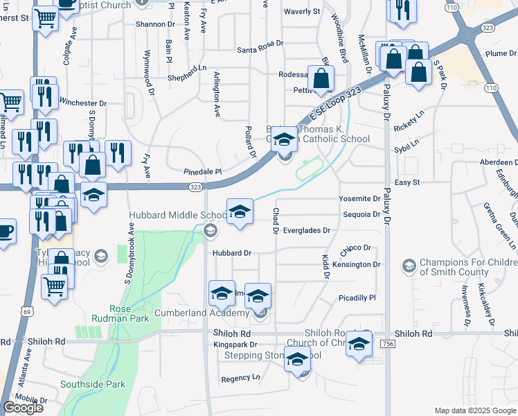 map of restaurants, bars, coffee shops, grocery stores, and more near 1057-1199 E Southeast Loop 323 in Tyler