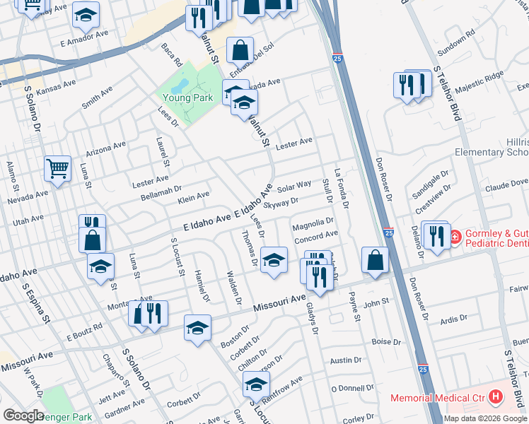 map of restaurants, bars, coffee shops, grocery stores, and more near 2200 East Idaho Avenue in Las Cruces