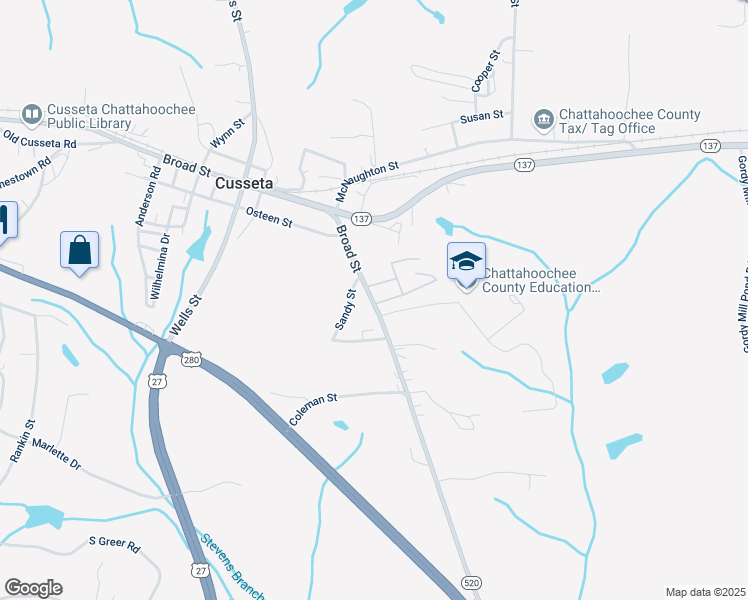 map of restaurants, bars, coffee shops, grocery stores, and more near Jefferson Street in Cusseta