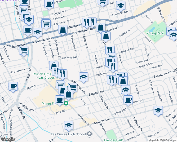 map of restaurants, bars, coffee shops, grocery stores, and more near 951-999 Nevada Ave in Las Cruces