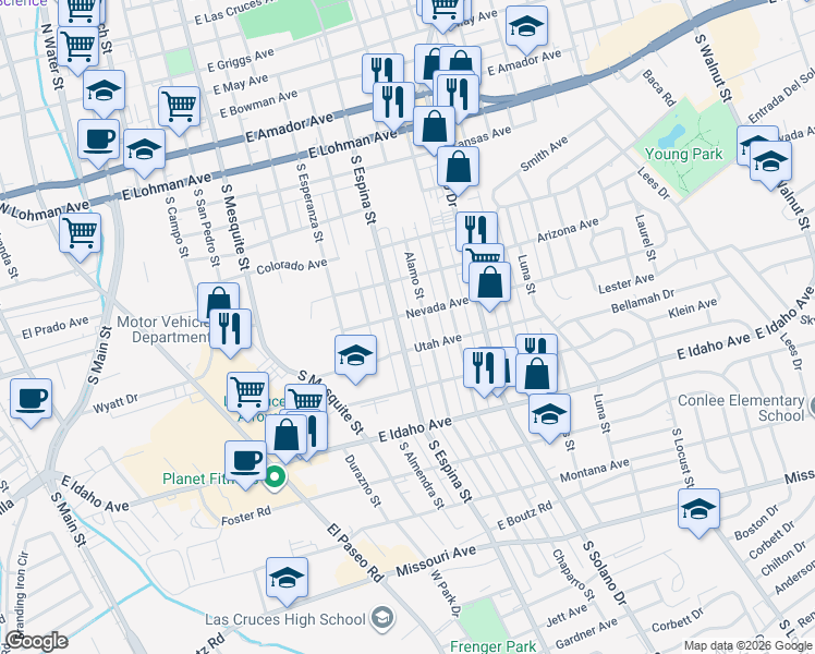 map of restaurants, bars, coffee shops, grocery stores, and more near 1050-1098 Nevada Ave in Las Cruces