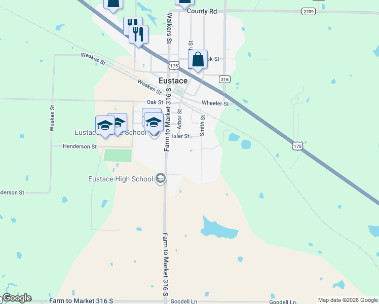 map of restaurants, bars, coffee shops, grocery stores, and more near 124 Smith Street in Eustace