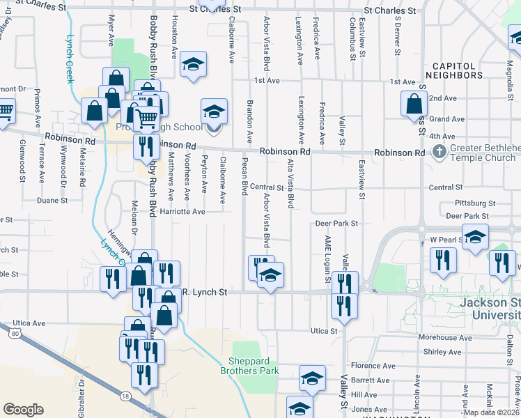 map of restaurants, bars, coffee shops, grocery stores, and more near 1014 Arbor Vista Boulevard in Jackson