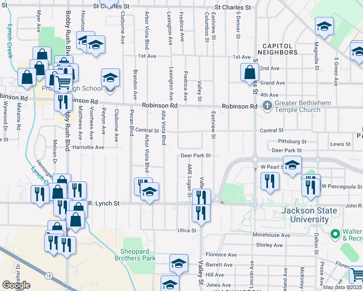 map of restaurants, bars, coffee shops, grocery stores, and more near 1942 Wingfield Circle in Jackson