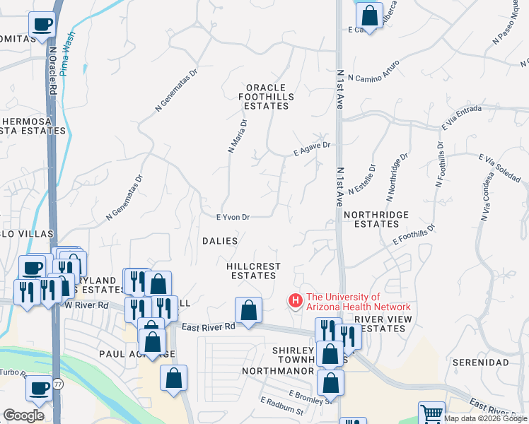 map of restaurants, bars, coffee shops, grocery stores, and more near 361 East Yvon Drive in Tucson