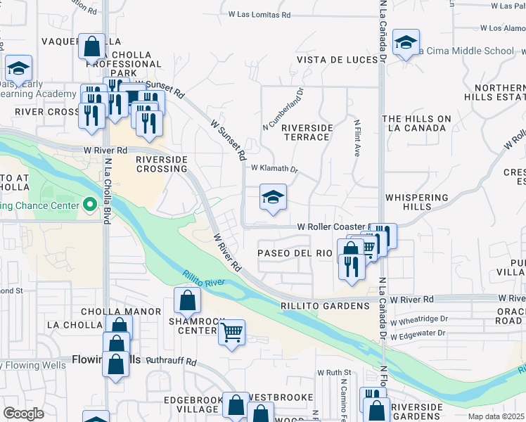 map of restaurants, bars, coffee shops, grocery stores, and more near 1750 West Roller Coaster Road in Tucson