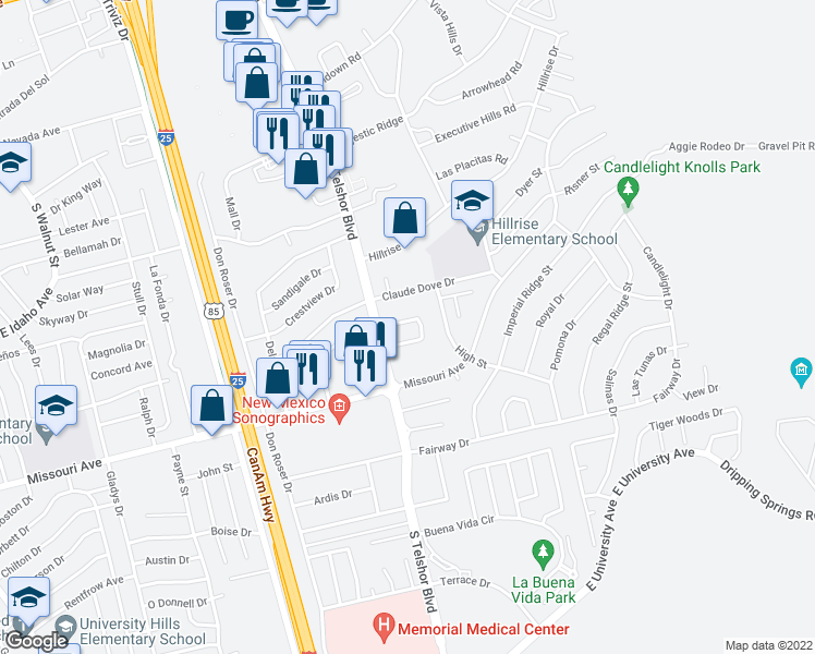 map of restaurants, bars, coffee shops, grocery stores, and more near 2912 Los Amigos Court in Las Cruces