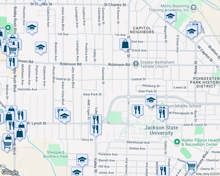 map of restaurants, bars, coffee shops, grocery stores, and more near 822 Eastview Street in Jackson