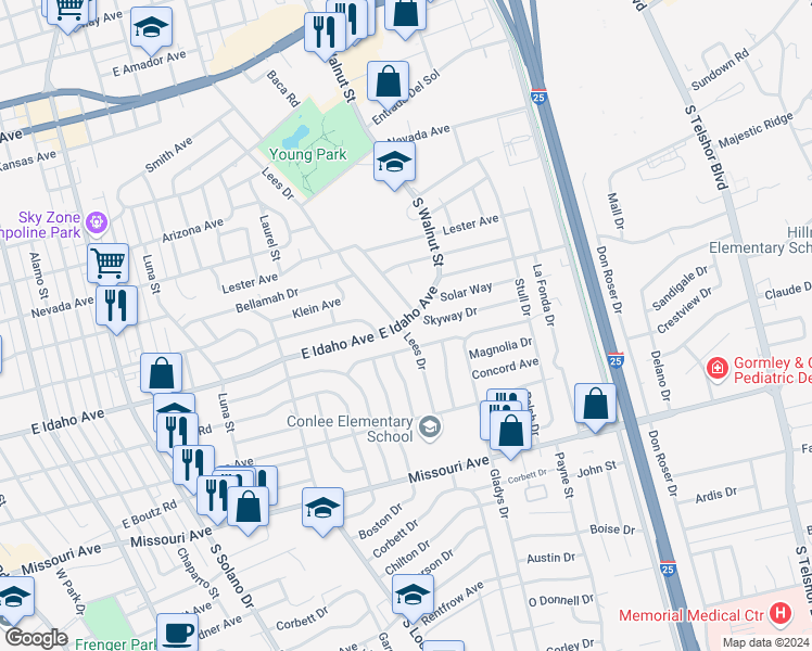 map of restaurants, bars, coffee shops, grocery stores, and more near 1301 Lees Drive in Las Cruces