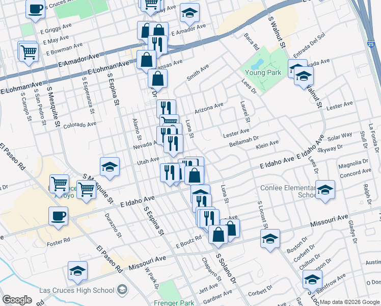 map of restaurants, bars, coffee shops, grocery stores, and more near 1430 Utah Avenue in Las Cruces