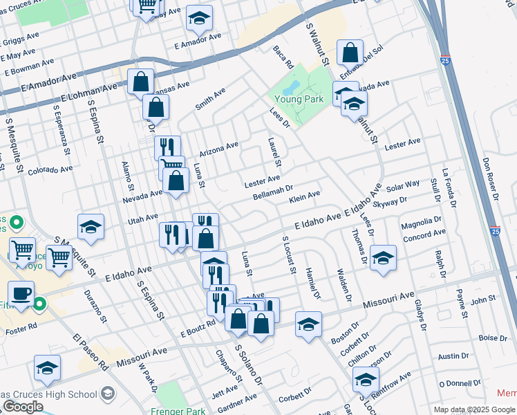 map of restaurants, bars, coffee shops, grocery stores, and more near 1821 California Avenue in Las Cruces