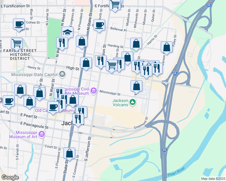 map of restaurants, bars, coffee shops, grocery stores, and more near 1012 Mississippi Street in Jackson