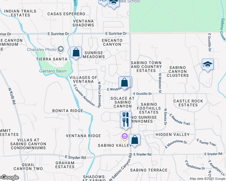 map of restaurants, bars, coffee shops, grocery stores, and more near 7807 East Windriver Drive in Tucson