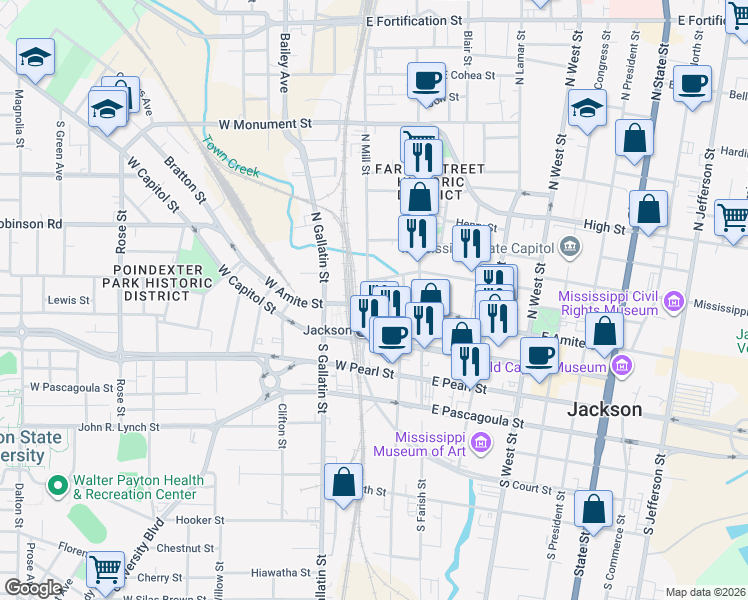 map of restaurants, bars, coffee shops, grocery stores, and more near 200 North Mill Street in Jackson